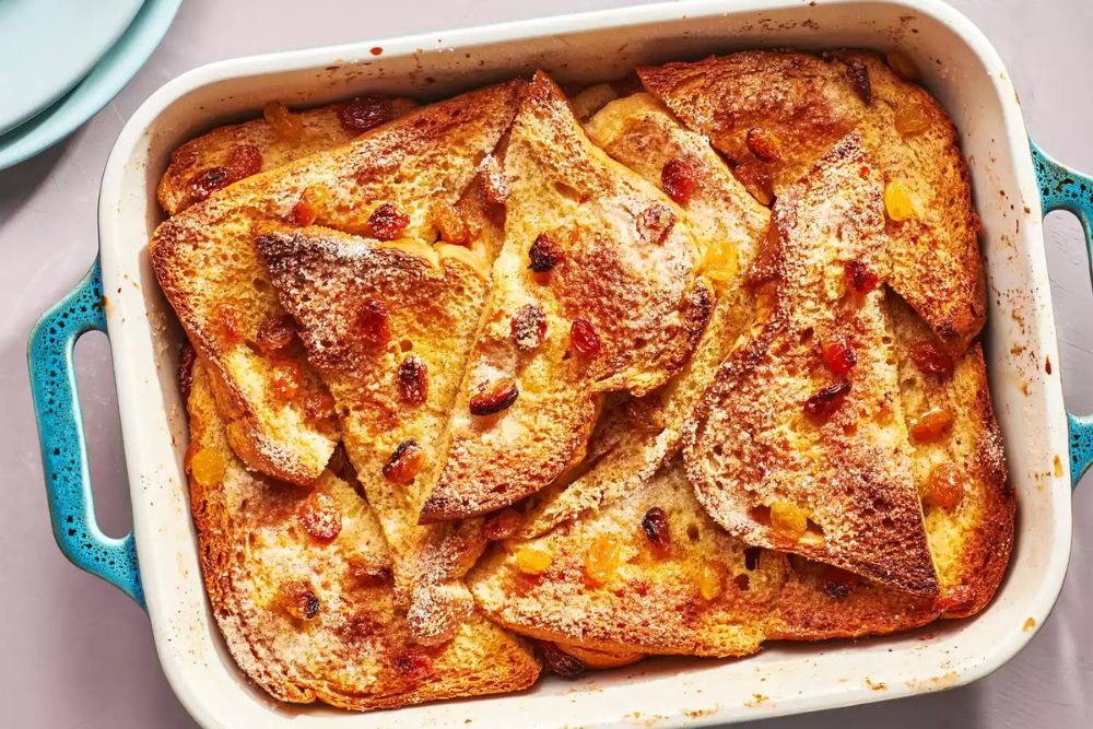 bread and butter pudding in a baking dish