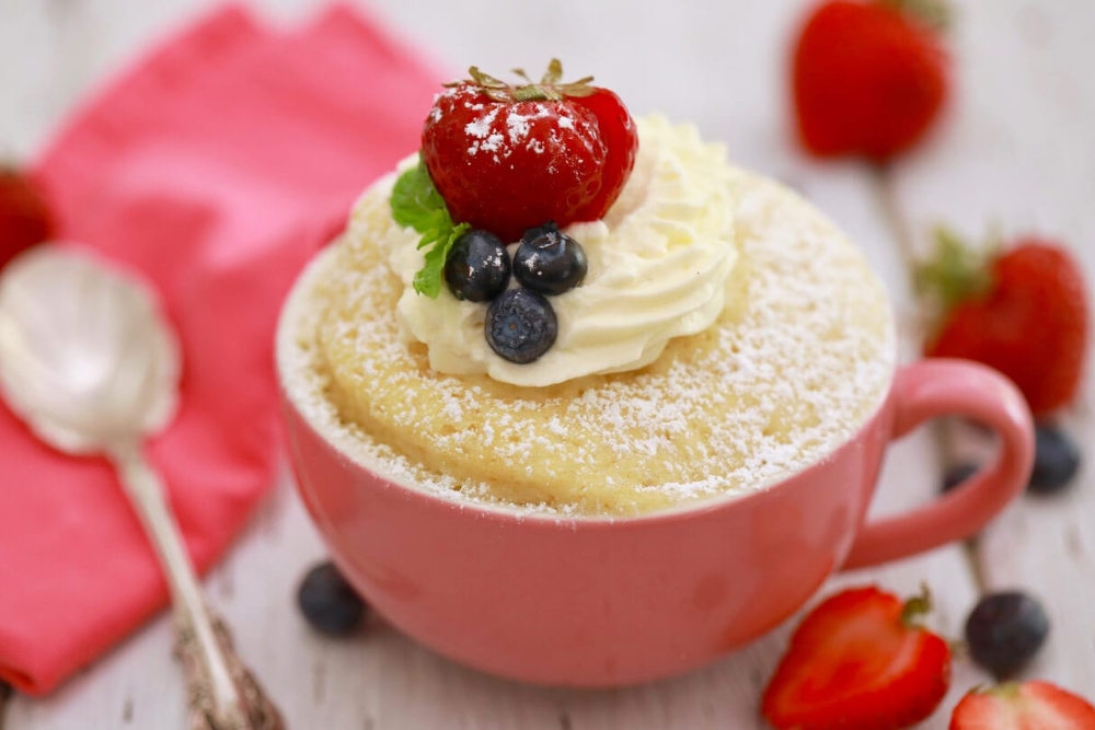 a small cake in a mug made in the microwave