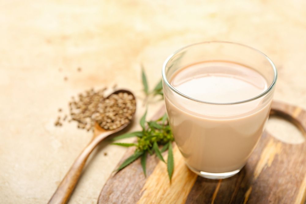 Hemp milk with leaves and grains